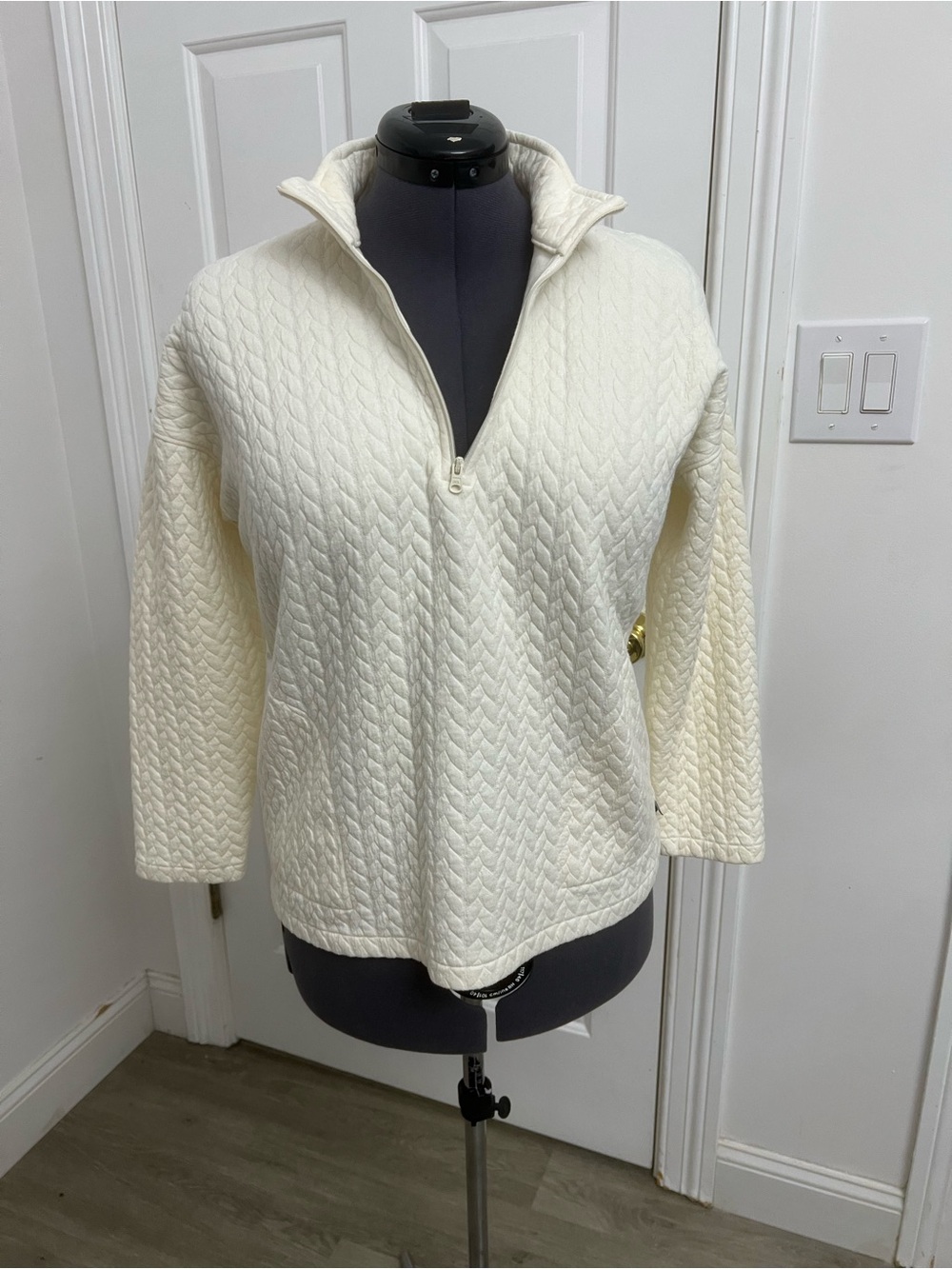 TALBOTS Women's Petite M Cream Quilted Half-Zip Sweater